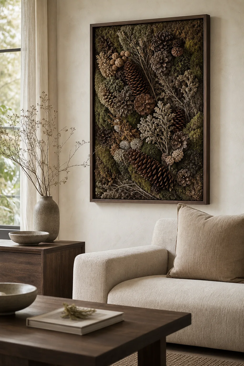 Pine cone artwork in a calm, natural interior