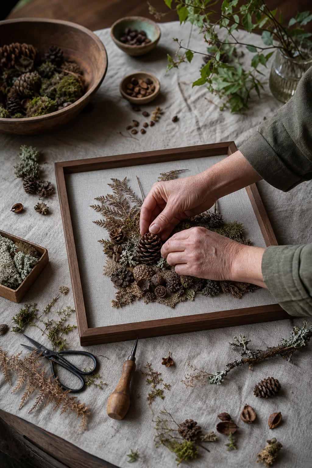 Hands arranging natural pine cone elements in the studio