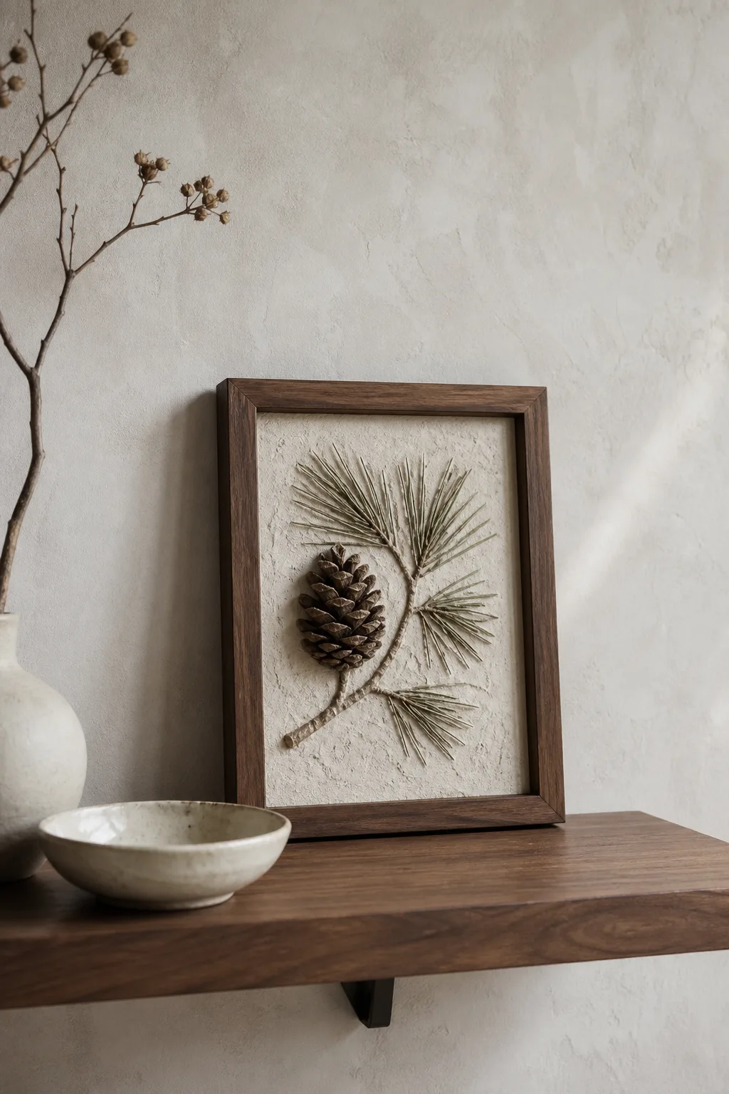 Small pine cone artwork on a quiet shelf