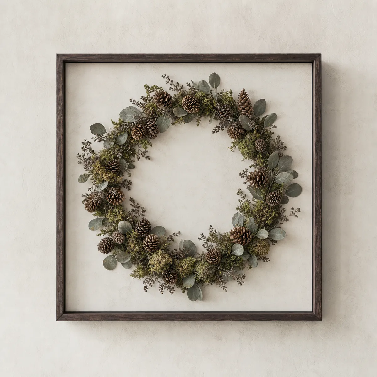 Circular pine cone relief artwork in forest green and walnut tones