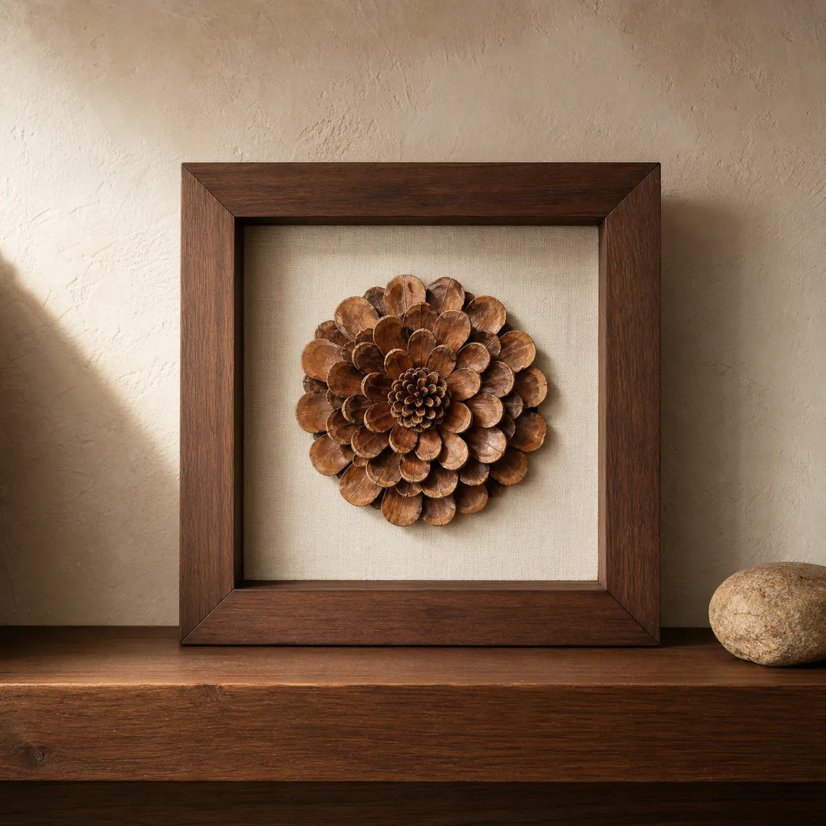 Small rosette-shaped pine cone artwork in a square walnut frame