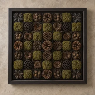 Modern grid of pine cone elements in a pale natural wood frame