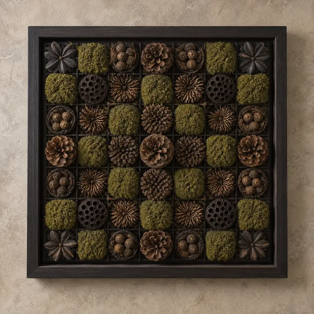 Modern grid of pine cone elements in a pale natural wood frame