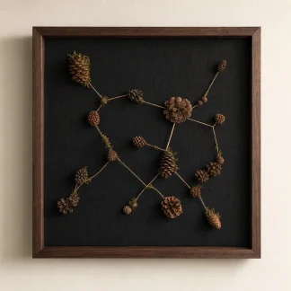 Asymmetric pine cone constellation artwork on a deep charcoal ground