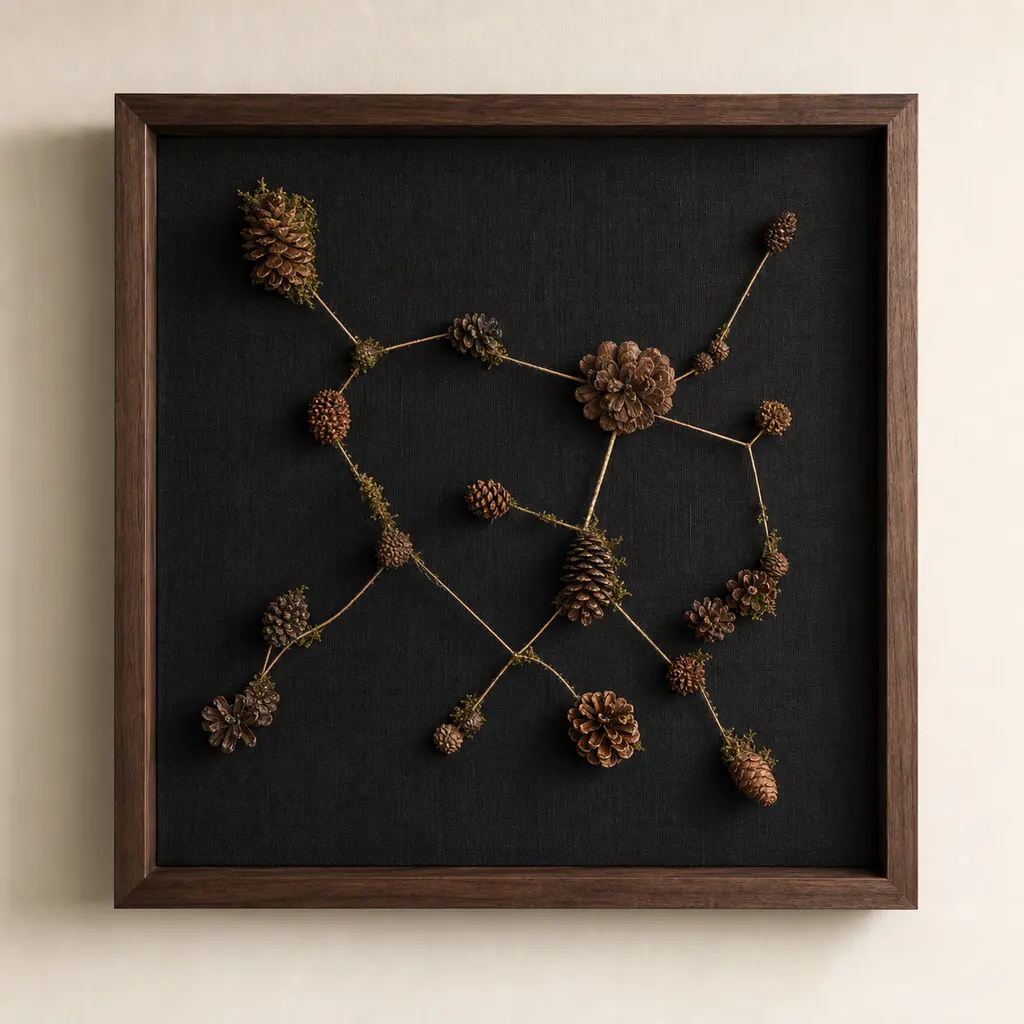 Asymmetric pine cone constellation artwork on a deep charcoal ground