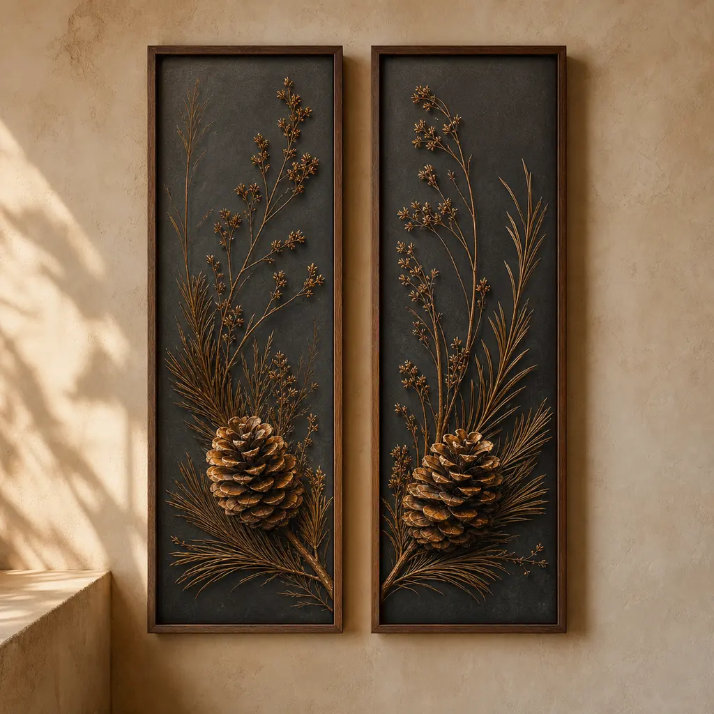 Two coordinating pine cone artworks in amber and walnut tones