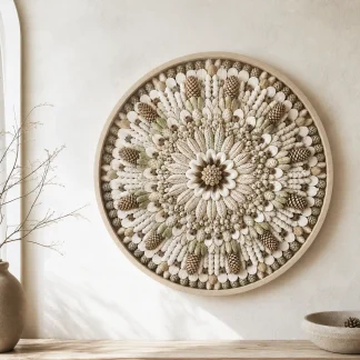 Pale winter-inspired pine cone mandala artwork
