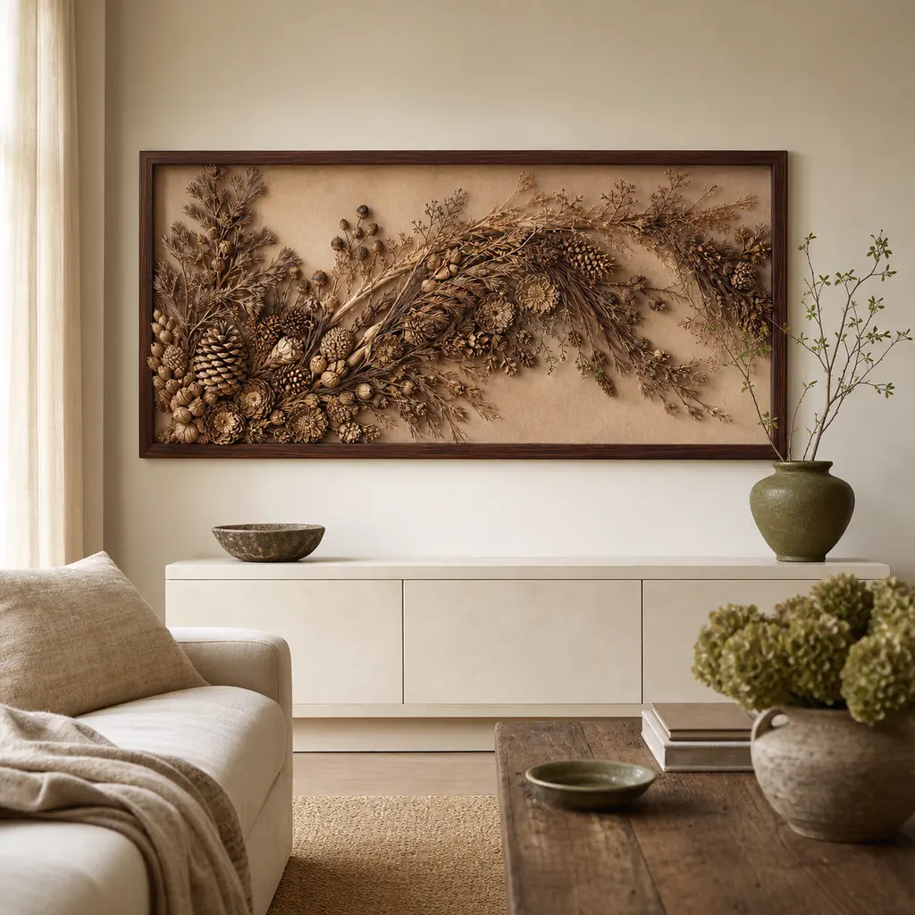 Large custom pine cone artwork in a refined neutral interior