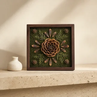 Small moss green and walnut pine cone artwork