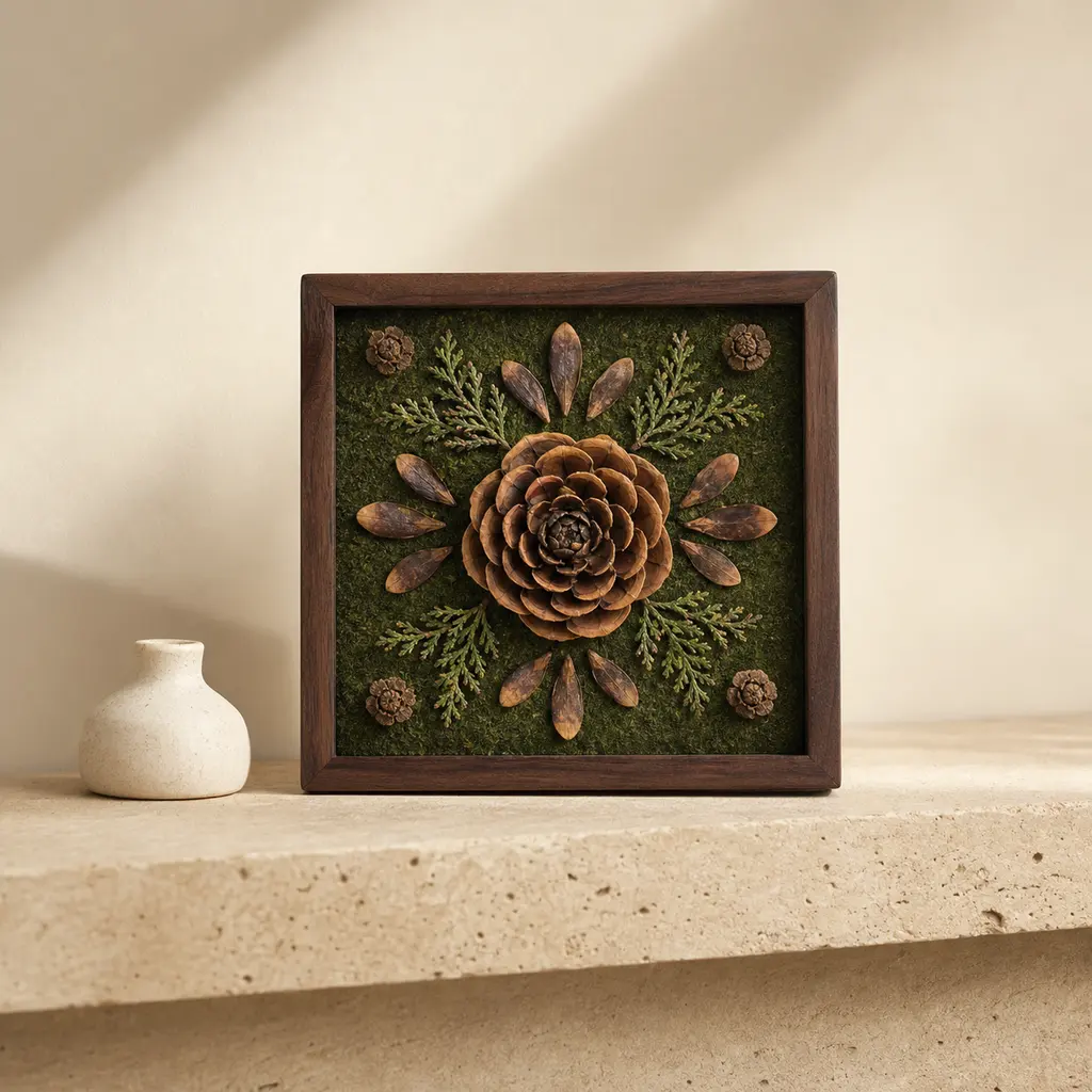 Small moss green and walnut pine cone artwork