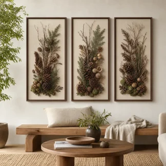 Three coordinating forest floor pine cone art panels