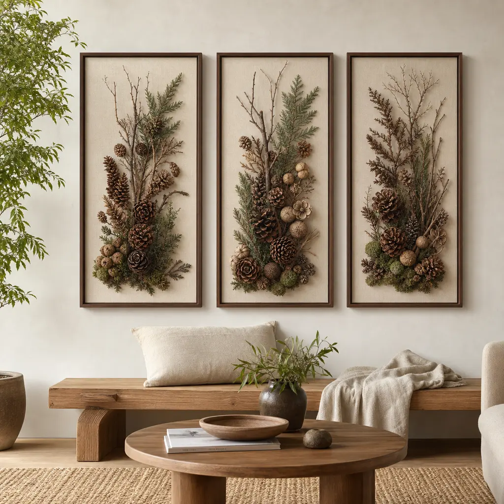 Three coordinating forest floor pine cone art panels